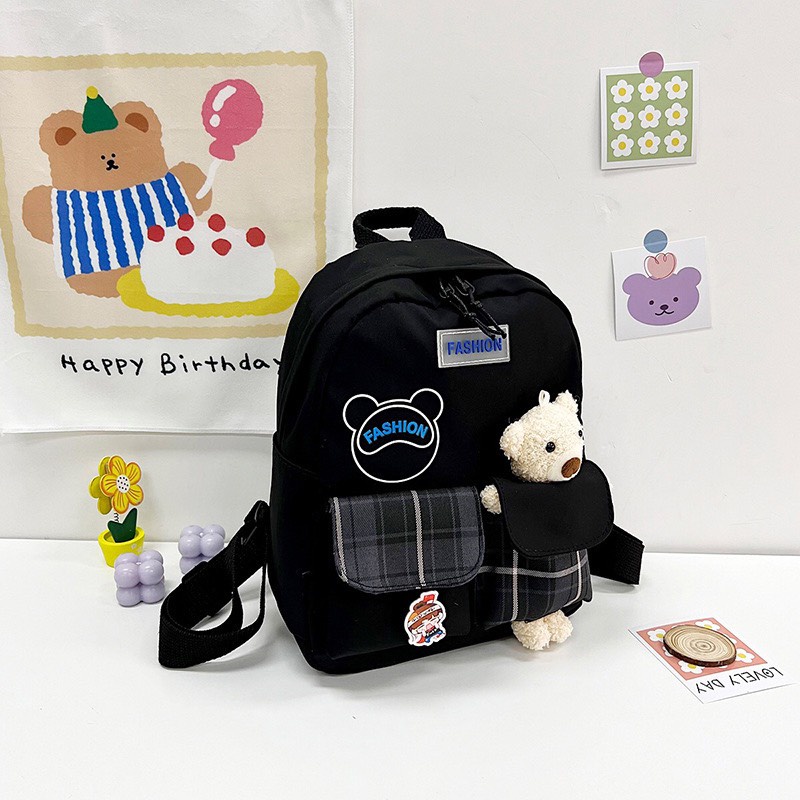 Balo mẫu mới cho bé kèm gấu đính trên cặp siêu cute, Hàng Quảng Châu Cao Cấp