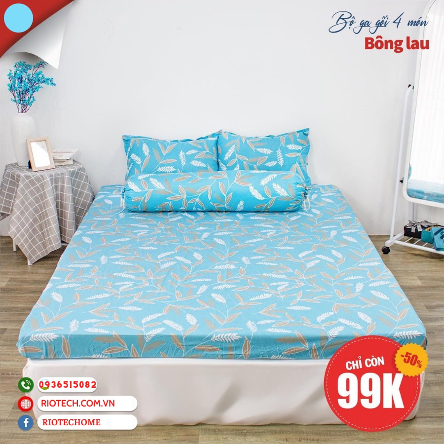 Bộ Ga Gối RIOTEX 4 Món Chất Cotton Cao Cấp Kích Thước 1m2/1m4/1m6/1m8 - Lá Ngọc