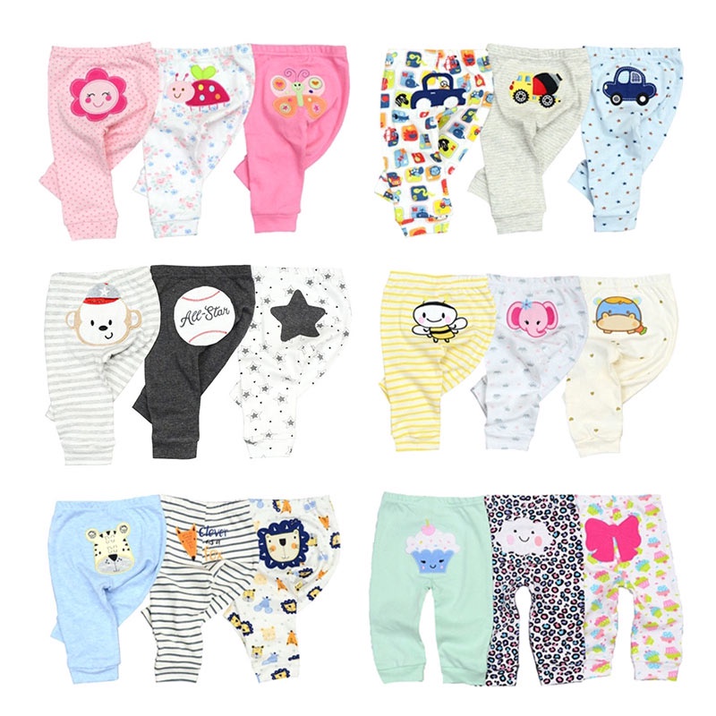 Set 3 quần dài cotton mềm in hoạt hình phong cách 4 mùa cho bé trai 0-24 tháng