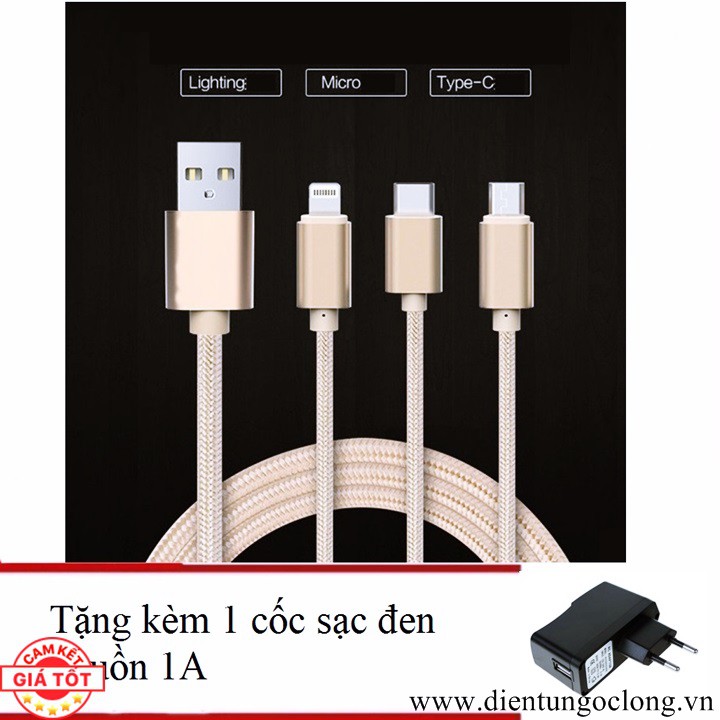 Cáp Sạc Đa Năng Dây Dù 3 Đầu Tặng Cốc Sạc 1A