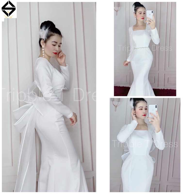 Đầm maxi mặc cưới đuôi cá hở lưng tặng kèm nơ 6 cánh sang trọng TRIPBE T DRESS - size S/M/L - MS177Y