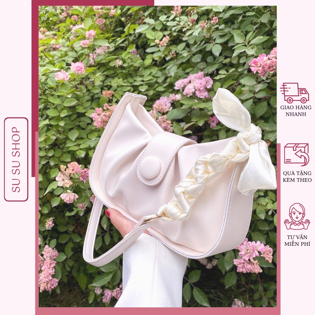 Túi Xách Kẹp Nách, Túi Đeo Chéo Cúc Nhựa Dây Nơ Phối Da Siêu Hót SUSU SHOP B04