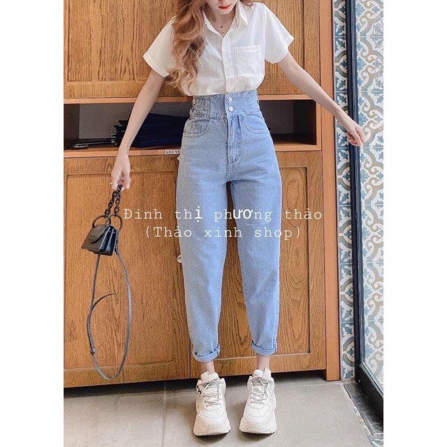 Quần baggy jeans bò nữ cạp cao 2 khuyu, Quần bò trơn lưng cao chất mịn đẹp