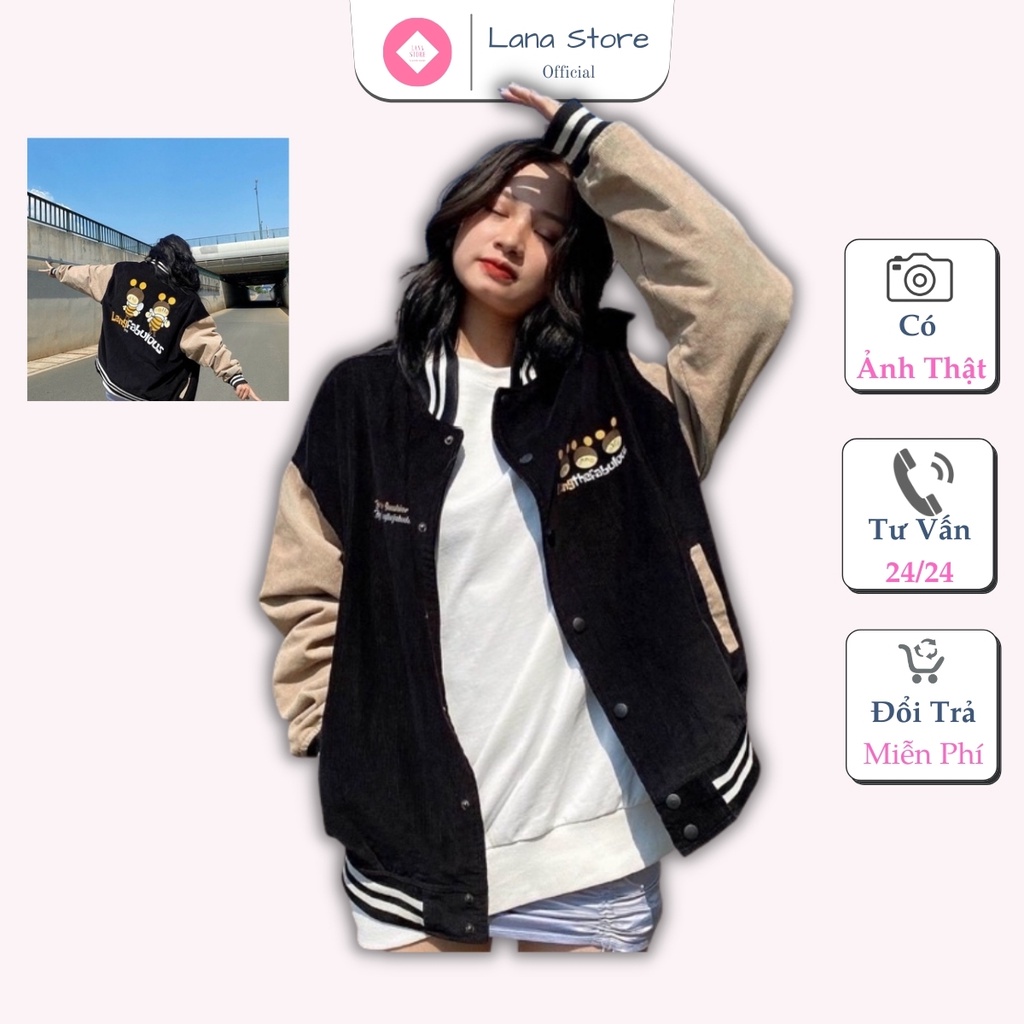 Áo Bomber Nhung Bóng Chày nhung Gân Bee Unisex