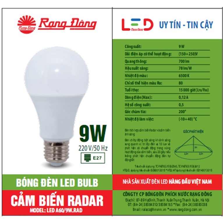 Đèn LED Bulb cảm biến radar 7W/9W Rạng Đông