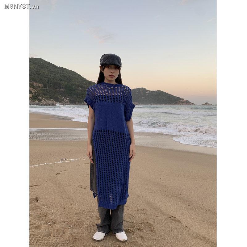 Đầm Dệt Kim Sát Nách Màu Trơn Thiết Kế Đục Lỗ Phong Cách Hàn Quốc Cho Nữ