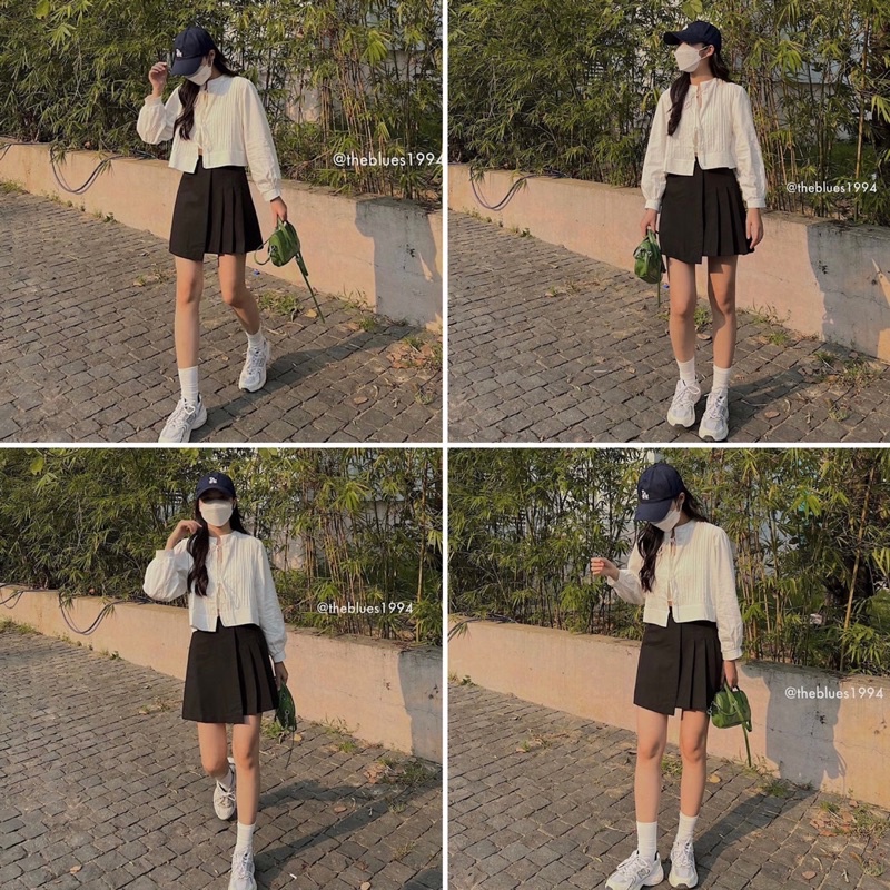 Set áo croptop babydoll thắt nơ ngực MIA TOP mix chân váy chữ A xếp ly lệch