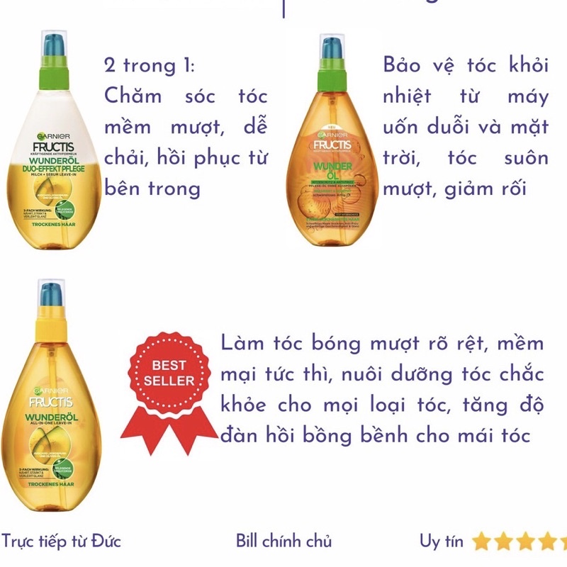 Dầu dưỡng tóc dạng xịt Garnier Fructis, Garnier Wahre schatze [Hàng Đức]