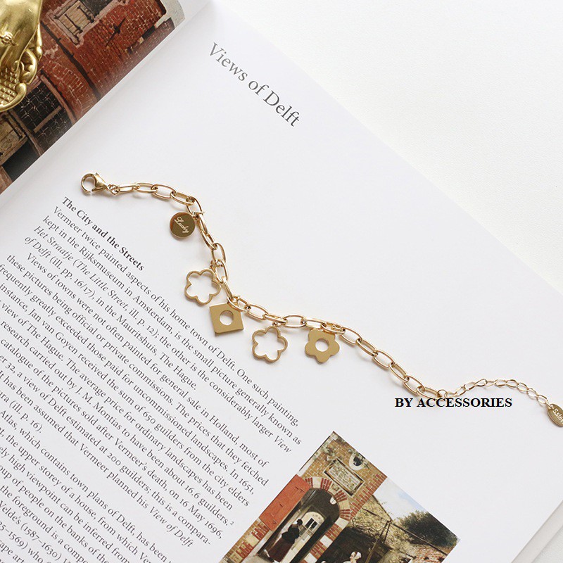 Lắc tay titan xích phối mặt vuông tròn hoa rỗng không gỉ