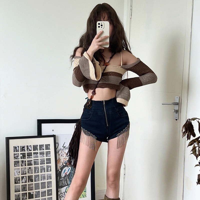 Cocory vn Áo Croptop Dệt Kim Trễ Vai Tay Loe Chống Nắng Gợi Cảm Cho Nữ