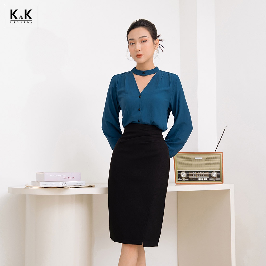 Áo Sơ Mi Công Sở K&amp;K Fashion ASM07-06 Cổ Cut Out Tay Dài Chất Liệu Lụa