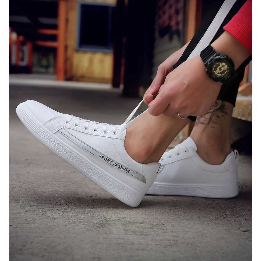 GIẦY SNEAKER DA Kẻ SPORT FASHION ( TRẮNG - GHI XÁM ) Thể Thao Nam phong cách Korea 2018