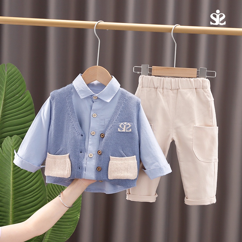 Set đồ 3 món áo khoác len màu trơn phối túi thời trang mùa thu cho bé trai 0-5 tuổi