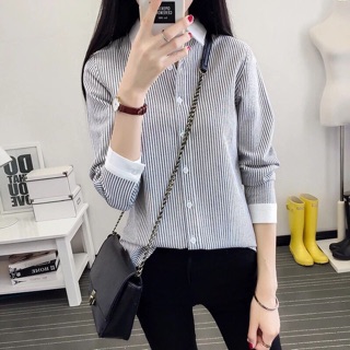 Áo sơ mi sọc viền trắng
