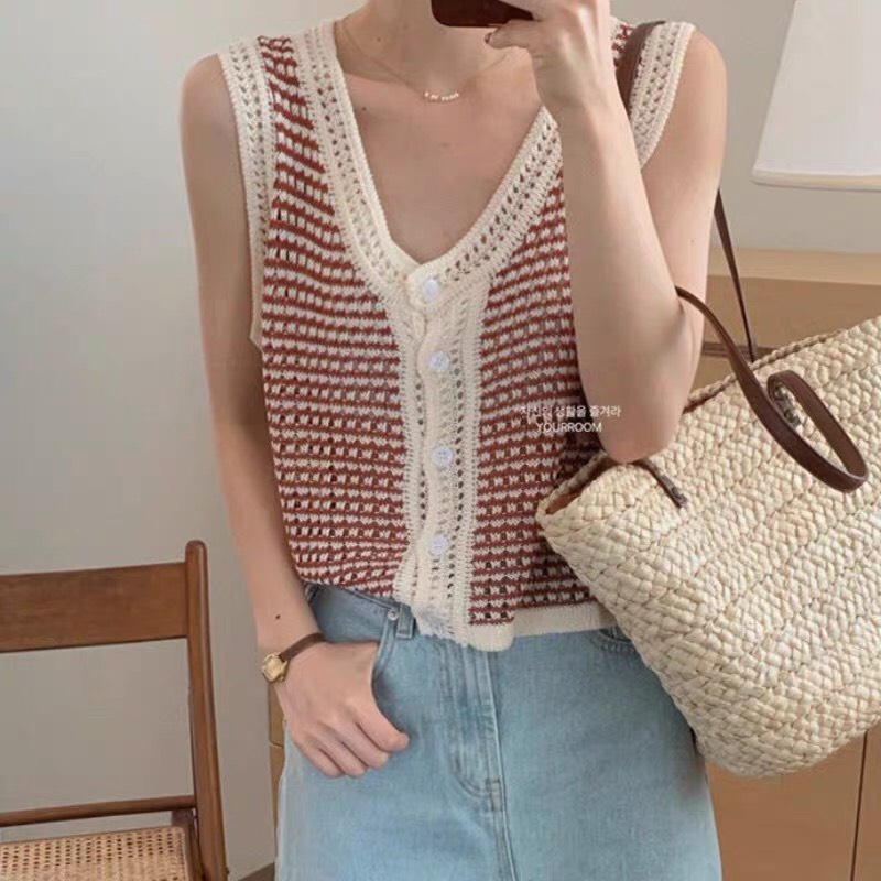 Áo len lưới kiểu sát nách phối viền siêu xinh