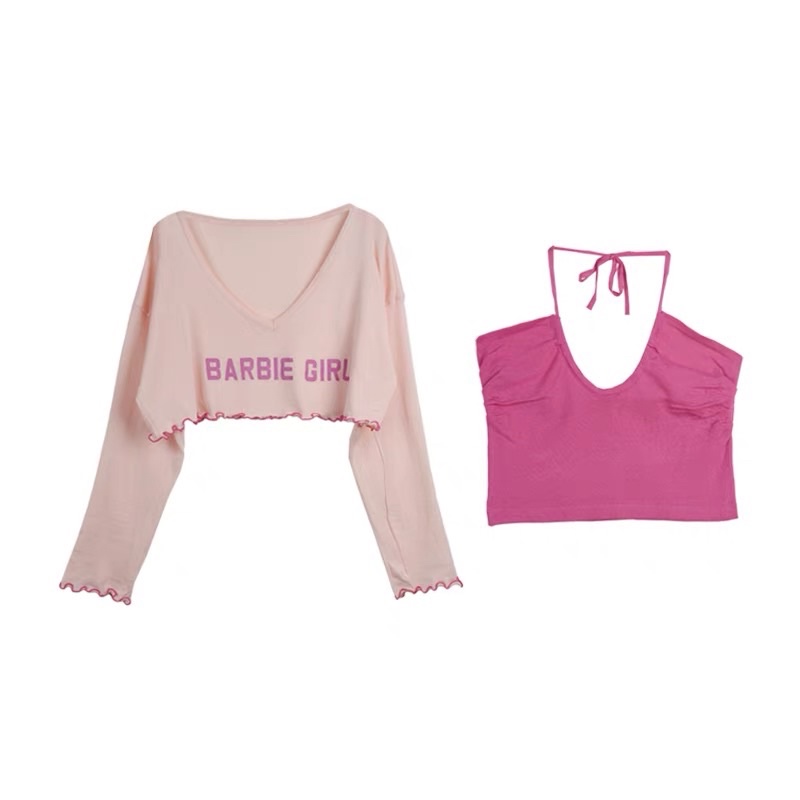 set áo len croptop kèm áo yếm sexy barbie girl (2076#)