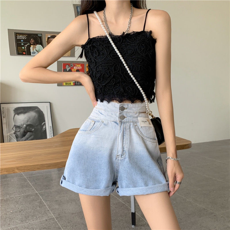 Quần Short Jeans Lưng Cao Ống Rộng Màu Gradient Thời Trang Cho Nữ