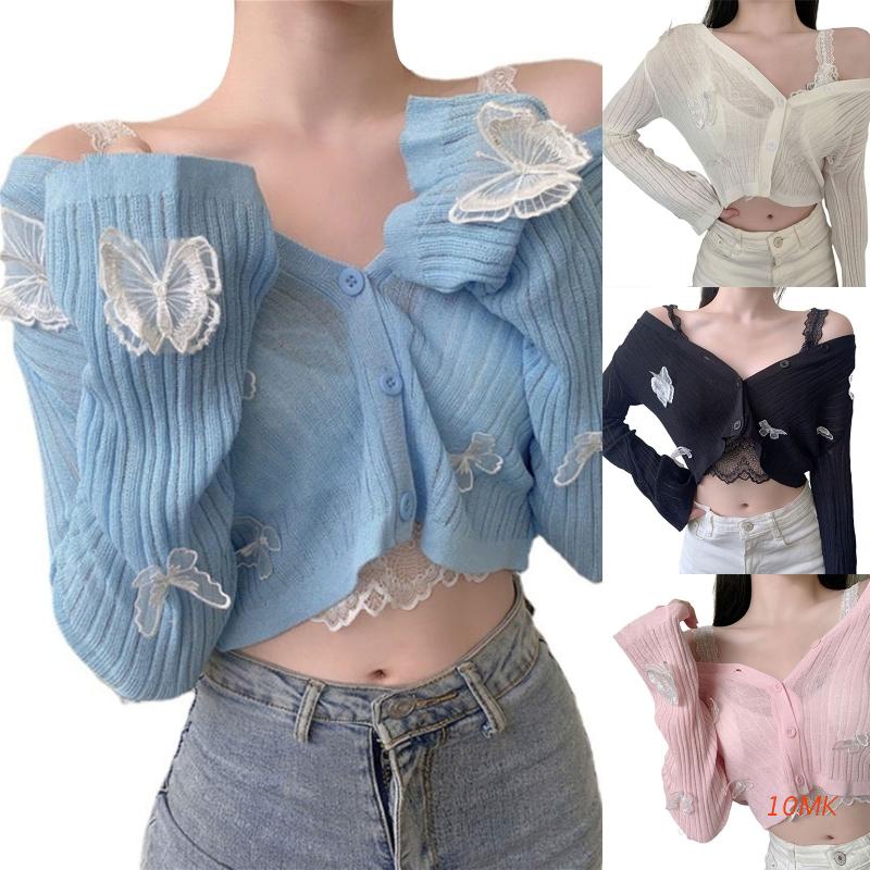 Áo Khoác Cardigan Dệt Kim Mỏng Tay Dài Phối Lưới Thêu Hình Bướm 3D Thời Trang Mùa Hè Cho Nữ 10MK