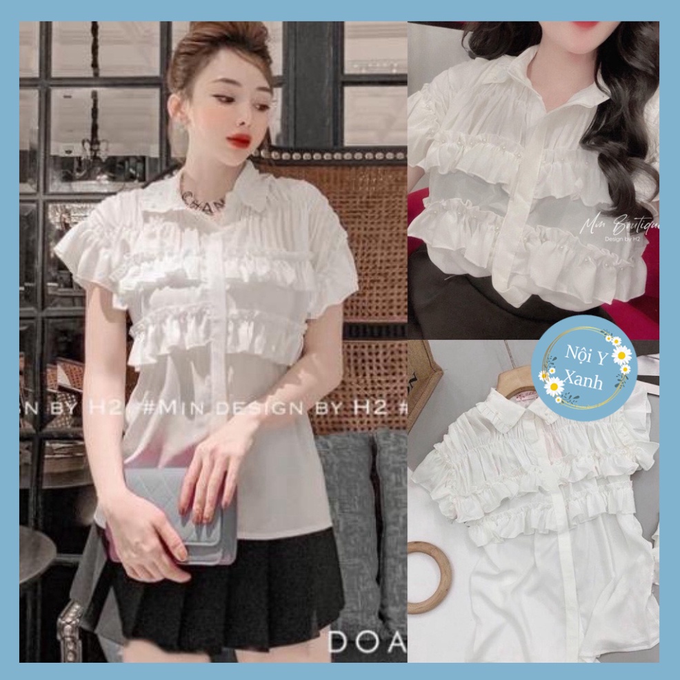 Áo sơmi trắng nhún bèo tầng ngắn tay đính ngọc xinh xẻo xa hoa A116 Nội Y Xanh hàng đẹp trendy - nội y xanh