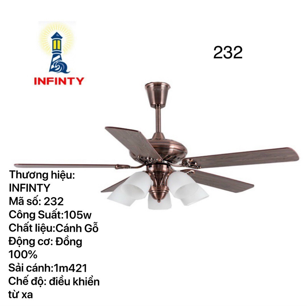 Quạt Trần Đèn Cánh Gỗ 232, Quạt Trần Trang Trí Phòng Khách, Động Cơ AC, Kèm Điều Khiển Từ Xa