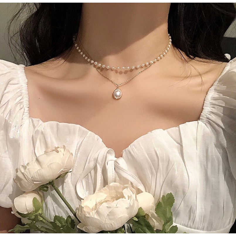 Vòng Cổ Choker Hai Lớp Đính Hạt Ngọc Trai Phong Cách Cổ Điển Dành Cho Nữ