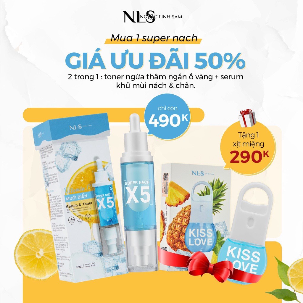 Combo SUPER NACH X5 2IN1 Serum nach, Toner nach 40ml,tặng Xịt miệng Kiss Love NLS