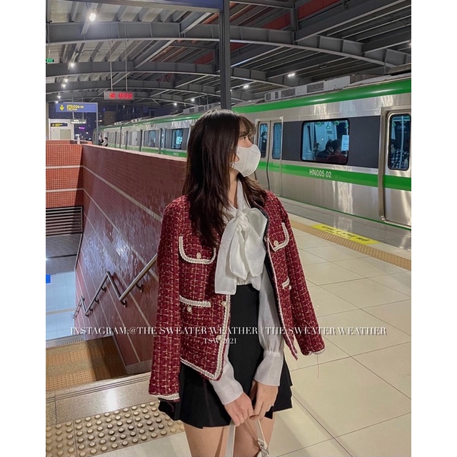 (Ảnh thật) Áo khoác dạ tweed đỏ đô viền trắng the.sweaterweather TSW | BigBuy360 - bigbuy360.vn