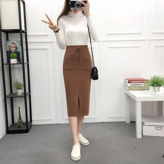 Chân váy len dầy dáng suôn dài, eo thon cạp cao, len xếp ly cực mềm [ Dệt kim Quảng Châu ].