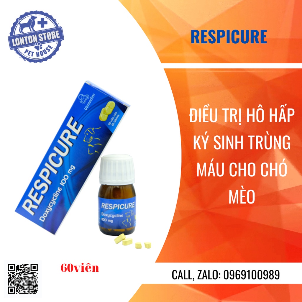 VEMEDIM Respicure - giải quyết vấn đề hô hấp trên chó, mèo - Lọ 60 viên