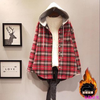 Áo khoác hoodie lót nhung dày dáng rộng kẻ sọc ca rô cá tính cho nữ♡