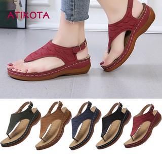 Xăng đan Nữ PU Flip Wedge Size Lớn Retro Sandal Màu Trơn Giày Đi Biển Nữ