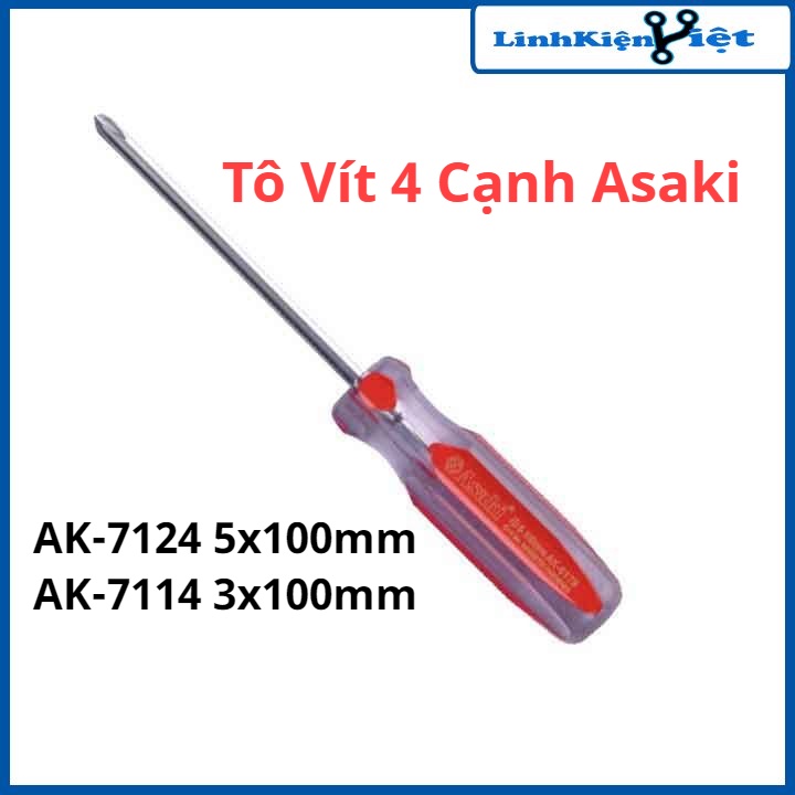 Tô vít 4 cạnh, tua vít Asaki AK-7124, AK-7114 kích thước 5x100mm, 3x100mm