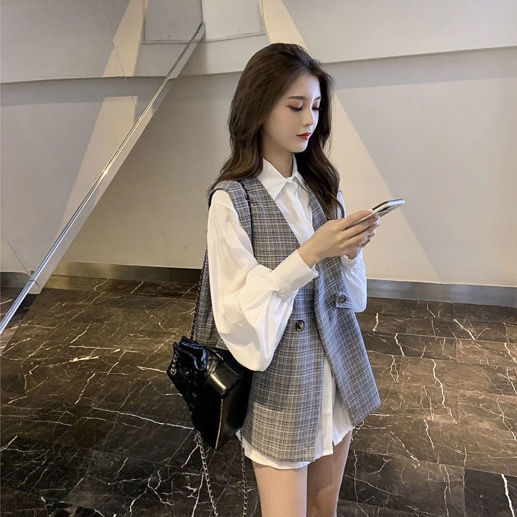 Set Áo Sơ Mi Tay Phồng Form Rộng Họa Tiết Sọc Caro Phối Với Áo Vest Không Tay Thời Trang Trẻ Trung  tao bao