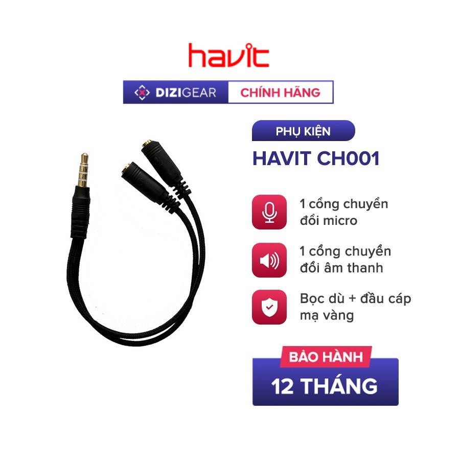 Cáp 2 Cổng 3.5mm Sang 1 Cổng 3.5mm HAVIT CH001, Đầu Cáp Mạ Vàng, Bọc Dù Chắc Chắn - Chính Hãng BH 90 Ngày Dizigear