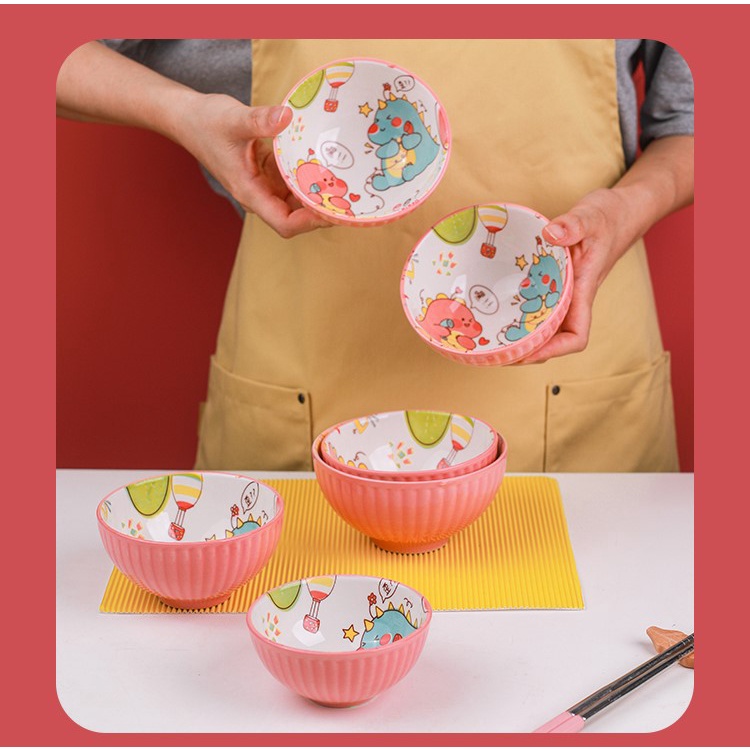 Bát sứ ăn cơm màu hồng, chén ăn cơm cho bé họa tiết khủng long dễ thương trang trí bàn ăn gia đình BÌN STORE