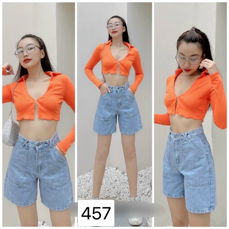 Quần short nữ màu đen xanh nhạt túi đắp vuông MS 457