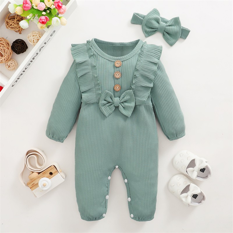 Set áo liền quần MIKRDOO cotton tay dài và băng đô đính nơ thời trang xinh xắn dành cho bé 0-18 tháng tuổi