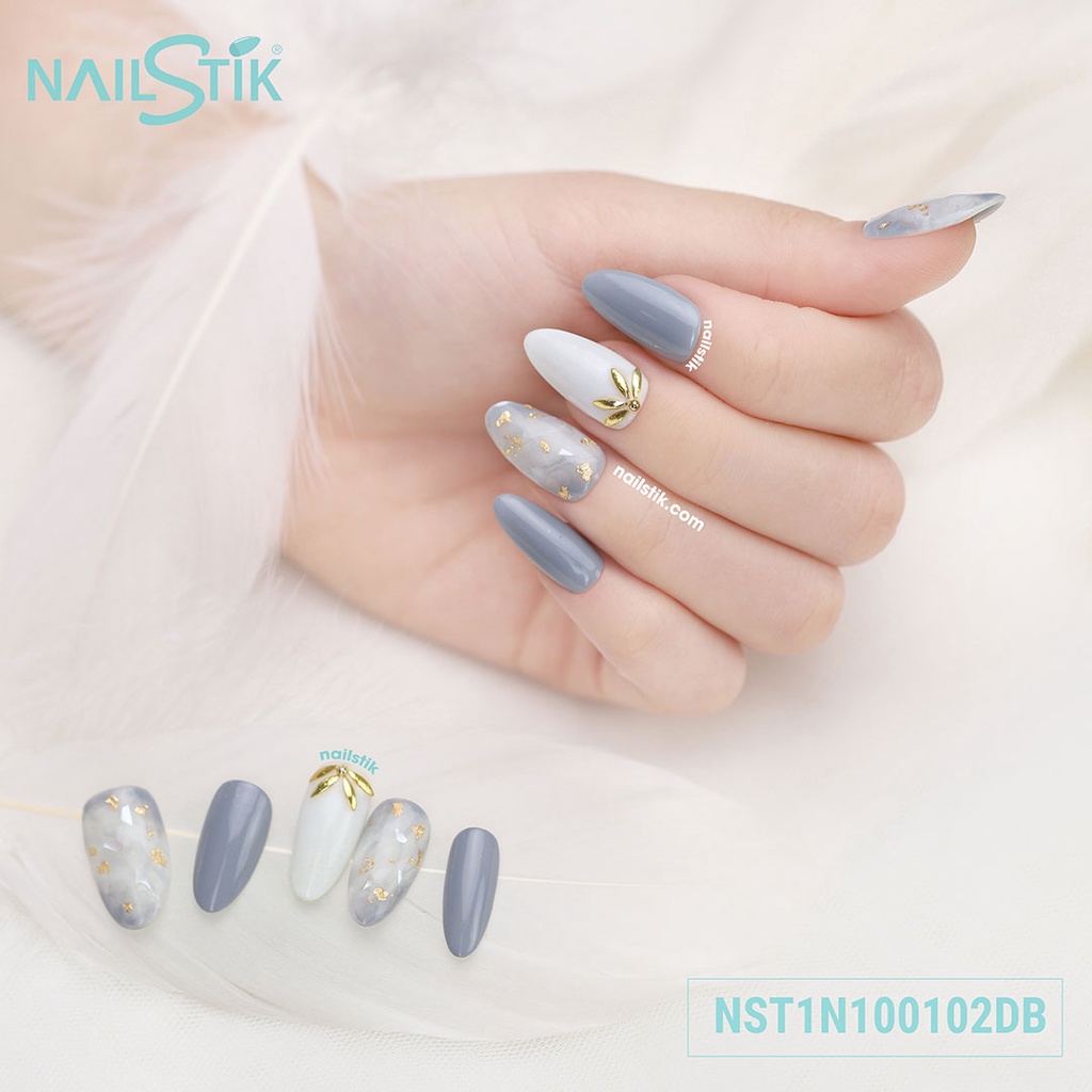 Bộ móng dán Nailstik màu trắng xám, form móng bầu, dài, 102