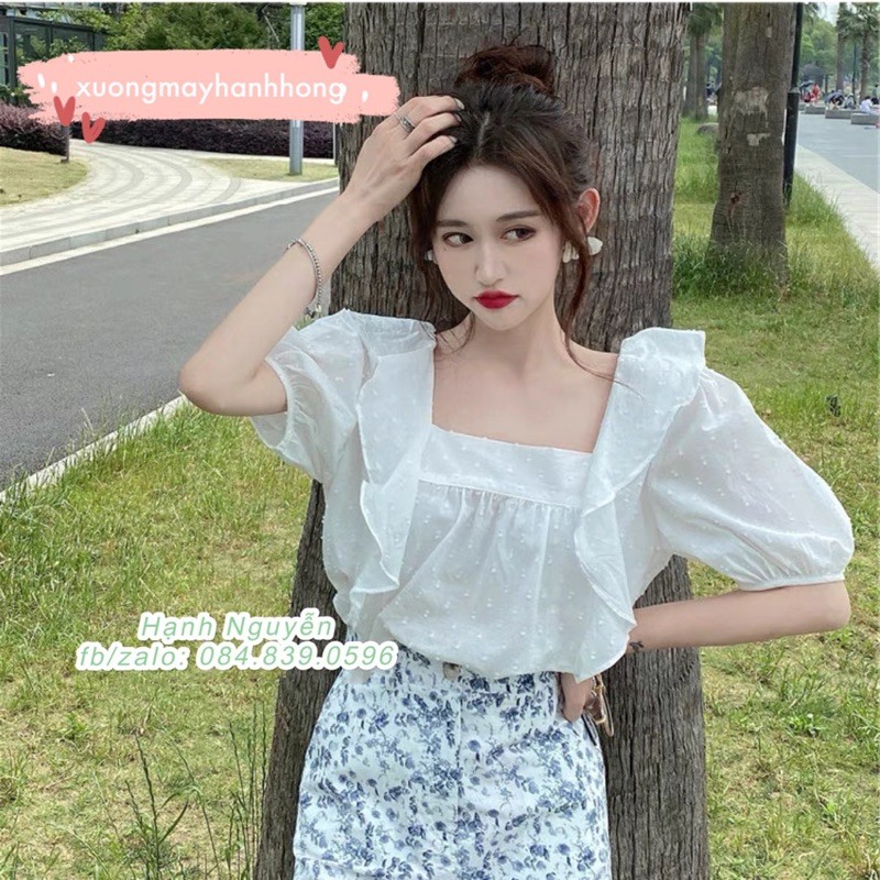 Áo babydoll trắng, áo sơ mi nữ trắng ngắn tay cánh tiên Hàn Quốc - Xưởng May Hạnh Hồng