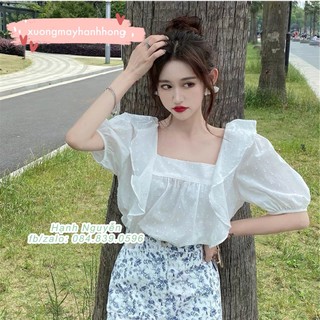 Áo babydoll trắng, áo sơ mi nữ trắng ngắn tay cánh tiên Hàn Quốc