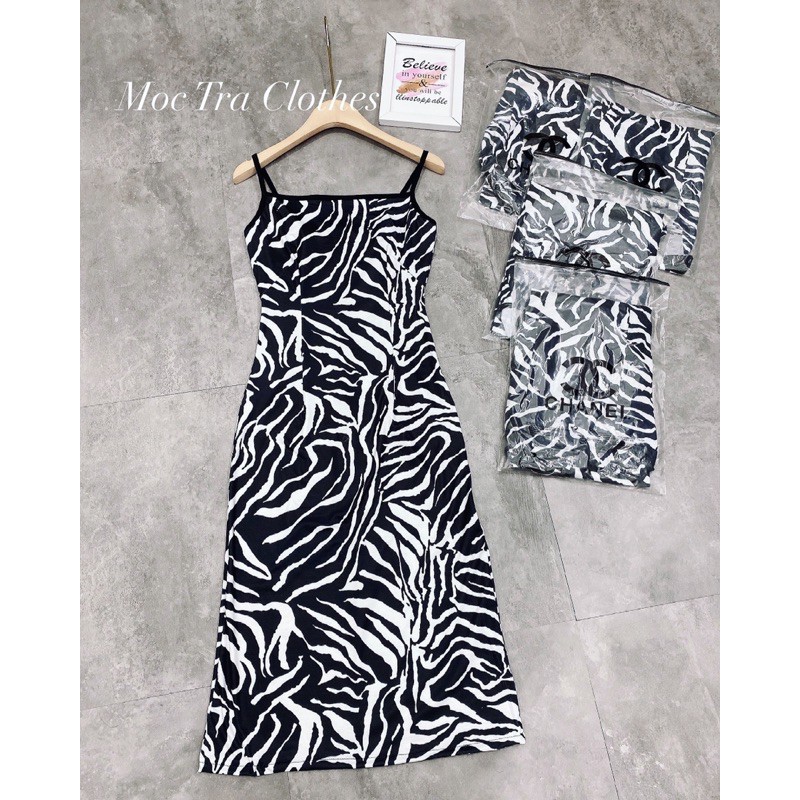 Đầm hai dây body vằn MPB dáng dài chất co dãn, Váy ôm nữ dự tiệc sang trọng hoạ tiết vằn siêu xinh | BigBuy360 - bigbuy360.vn