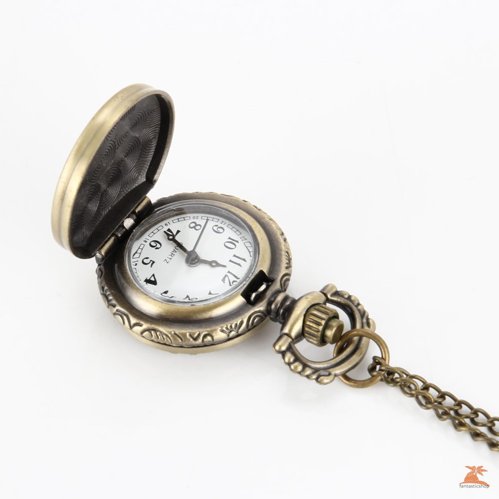 #Đồng hồ bỏ túi# Vintage Bridge Carved Round Quartz Fob Pocket Watch with Sweater Chain Necklace Gifts