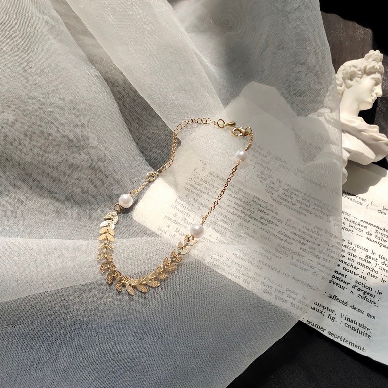 vòng tay lá vàng freesize phối hạt giả ngọc mã HK-61