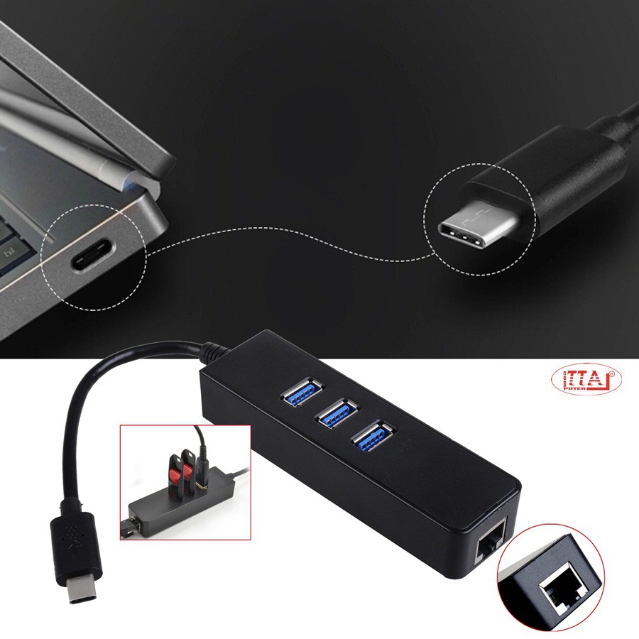 Dây USB Type C ra Hub USB 3 cổng 3.0 và LAN GIGA 100/1000