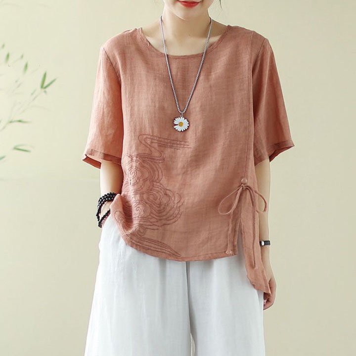 Áo đũi tay lửng thêu hoa có dây thắt