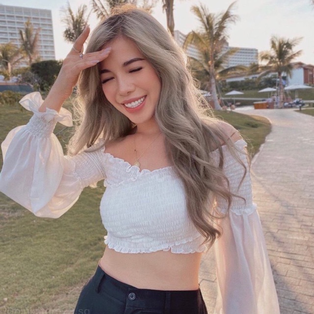 Croptop nhún chỉ chéo ngực phối tay voan