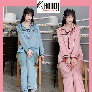 Bộ Pijama Bầu Và Sau Sinh Lụa Trơn 2 Chức Năng Có Khóa Cho Con Ti Dài Tay Bộ Ngủ Pizama HT4616 Honey Mommy