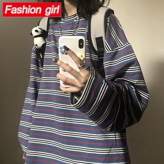 Áo Thun Tay Dài Dáng Rộng Họa Tiết Kẻ Sọc Phong Cách Harajuku Hàn Quốc Dễ Phối Đồ Cho Nữ