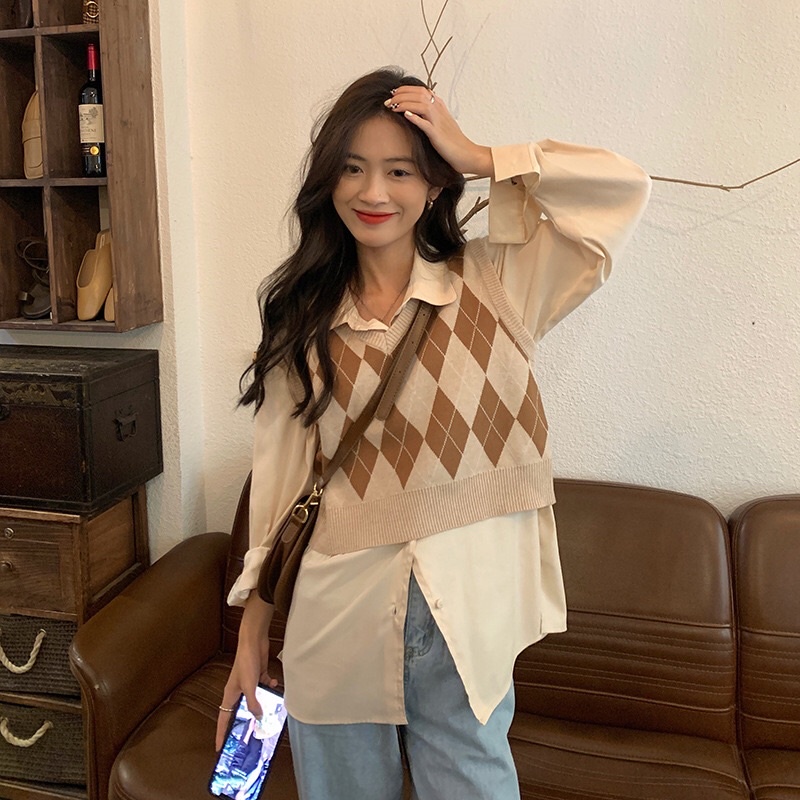 Áo gi-lê hình thoi 2 màu không tay cực xinh