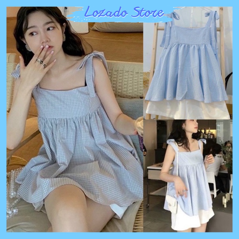 Set quần áo nữ mặc nhà LOZADO bộ quần đùi áo babydoll 2 dây thắt nơ kẻ caro xanh xinh xắn dễ thương B405